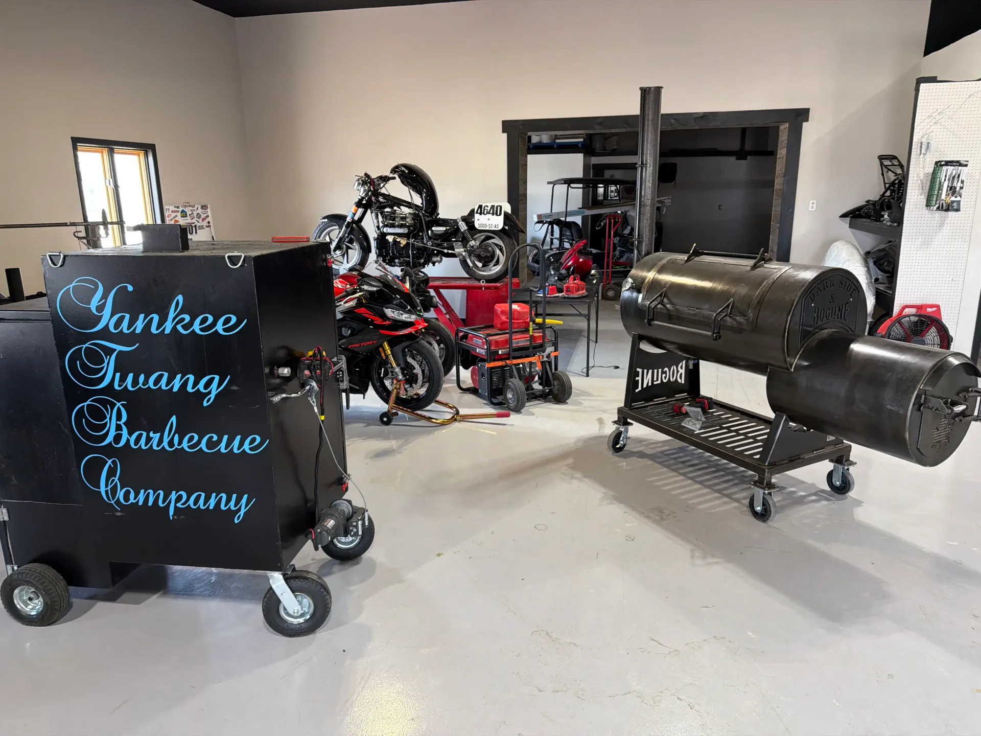 Custom reverse-flow offset smoker in the Yankee Twang shop